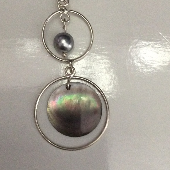 Two Ring Tiered Drop Earrings with Silver Bead and Iridescent Disc - Picture 3 of 3